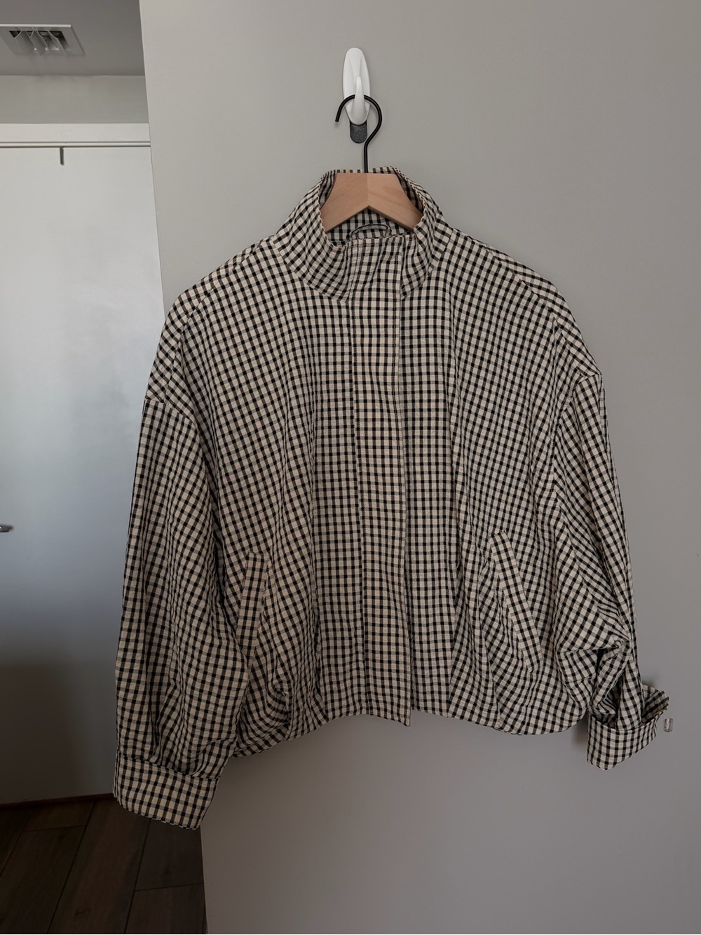 Zara Black and Cream Gingham Varsity Jacket